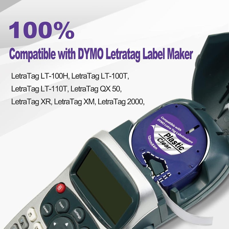 HOCALORT 3 Pack Tape Compatible with DYMO Label Maker Refills Clear Transparent Label Tape 12267, 12mm 0.47Inch Plastic Replacement for DYMO Letratag Refills, Work for LT-100T LT-100H QX50 XR - Image 2